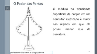 O Poder das Pontas
O módulo da densidade
superficial de cargas em um
condutor eletrizado é maior
nas regiões em que ele
possui menor raio de
curvatura.
18
professorwalteralencar.blogspot.com
 