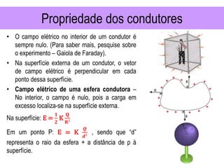 Propriedade dos condutores
• O campo elétrico no interior de um condutor é
sempre nulo. (Para saber mais, pesquise sobre
o experimento – Gaiola de Faraday).
• Na superfície externa de um condutor, o vetor
de campo elétrico é perpendicular em cada
ponto dessa superfície.
• Campo elétrico de uma esfera condutora –
No interior, o campo é nulo, pois a carga em
excesso localiza-se na superfície externa.
Na superfície: E =
𝟏
𝟐
K
𝐐
𝐑²
Em um ponto P: E = K
𝑸
𝒅²
, sendo que “d”
representa o raio da esfera + a distância de p à
superfície.
 
