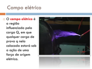 Campo elétrico
 O campo elétrico é
a região
influenciada pela
carga Q, em que
qualquer carga de
prova q nela
colocada estará sob
a ação de uma
força de origem
elétrica.
 