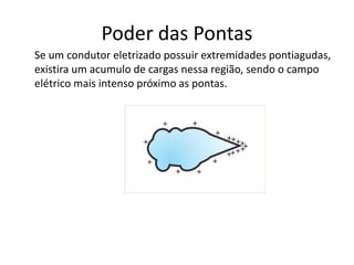 Poder das Pontas
Se um condutor eletrizado possuir extremidades pontiagudas,
existira um acumulo de cargas nessa região, sendo o campo
elétrico mais intenso próximo as pontas.
 