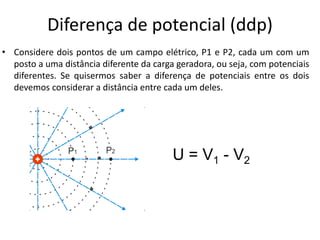 Diferença de potencial (ddp)
• Considere dois pontos de um campo elétrico, P1 e P2, cada um com um
posto a uma distância diferente da carga geradora, ou seja, com potenciais
diferentes. Se quisermos saber a diferença de potenciais entre os dois
devemos considerar a distância entre cada um deles.
U = V1 - V2
 
