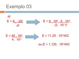 Exemplo 03
a)
E = Ko . |Q|
d2
E = 9 . 109
. 5 . 10-6
(2 . 10-1
)2
E = 45 . 103
4 . 10-2
E = 11,25 . 105
N/C
ou E = 1,125 . 106
N/C
 