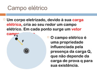 Campo elétrico
 Um corpo eletrizado, devido à sua carga
elétrica, cria ao seu redor um campo
elétrico. Em cada ponto surge um vetor
campo elétrico.
Q
+ q
F
 O campo elétrico é
uma propriedade
influenciada pela
presença da carga Q,
que não depende da
carga de prova q para
sua existência.
 
