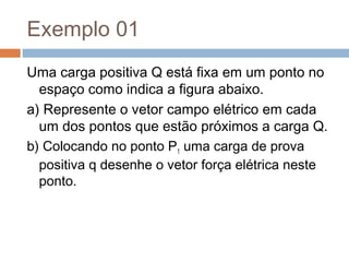 Exemplo 01
Uma carga positiva Q está fixa em um ponto no
espaço como indica a figura abaixo.
a) Represente o vetor campo elétrico em cada
um dos pontos que estão próximos a carga Q.
b) Colocando no ponto P1 uma carga de prova
positiva q desenhe o vetor força elétrica neste
ponto.
 