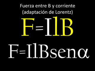 Fuerza entre B y corriente
(adaptación de Lorentz)

F=IlB

F=IlBsen

 