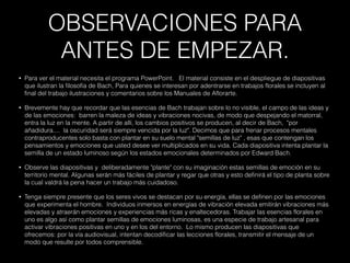 OBSERVACIONES PARA
ANTES DE EMPEZAR.
• Para ver el material necesita el programa PowerPoint. El material consiste en el despliegue de diapositivas
que ilustran la filosofía de Bach, Para quienes se interesan por adentrarse en trabajos florales se incluyen al
final del trabajo ilustraciones y comentarios sobre los Manuales de Aflorarte.
• Brevemente hay que recordar que las esencias de Bach trabajan sobre lo no visible, el campo de las ideas y
de las emociones: barren la maleza de ideas y vibraciones nocivas, de modo que despejando el matorral,
entra la luz en la mente. A partir de allí, los cambios positivos se producen, al decir de Bach, "por
añadidura.... la oscuridad será siempre vencida por la luz". Decimos que para frenar procesos mentales
contraproducentes solo basta con plantar en su suelo mental "semillas de luz" , esas que contengan los
pensamientos y emociones que usted desee ver multiplicados en su vida. Cada diapositiva intenta plantar la
semilla de un estado luminoso según los estados emocionales determinados por Edward Bach.
• Observe las diapositivas y deliberadamente "plante" con su imaginación estas semillas de emoción en su
territorio mental. Algunas serán más fáciles de plantar y regar que otras y esto definirá el tipo de planta sobre
la cual valdrá la pena hacer un trabajo más cuidadoso.
• Tenga siempre presente que los seres vivos se destacan por su energía, ellas se definen por las emociones
que experimenta el hombre. Individuos inmersos en energías de vibración elevada emitirán vibraciones más
elevadas y atraerán emociones y experiencias más ricas y enaltecedoras. Trabajar las esencias florales en
uno es algo así como plantar semillas de emociones luminosas, es una especie de trabajo artesanal para
activar vibraciones positivas en uno y en los del entorno. Lo mismo producen las diapositivas que
ofrecemos: por la vía audiovisual, intentan decodificar las lecciones florales, transmitir el mensaje de un
modo que resulte por todos comprensible.
 