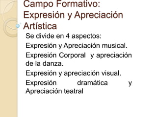 Campo Formativo:
Expresión y Apreciación
Artística
Se divide en 4 aspectos:
Expresión y Apreciación musical.
Expresión Corporal y apreciación
de la danza.
Expresión y apreciación visual.
Expresión dramática y
Apreciación teatral
 