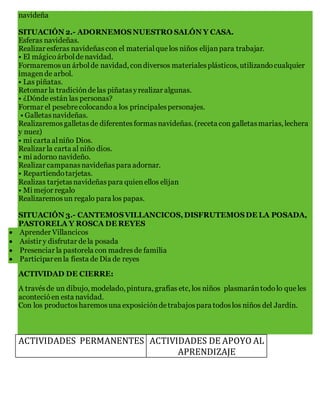 navideña
SITUACIÓN 2.- ADORNEMOSNUESTRO SALÓN Y CASA.
Esferas navideñas.
Realizar esferas navideñascon el materialque los niños elijanpara trabajar.
• El mágicoárboldenavidad.
Formaremosun árbolde navidad, condiversos materialesplásticos, utilizandocualquier
imagende arbol.
• Las piñatas.
Retomar la tradicióndelas piñatasyrealizar algunas.
• ¿Dónde están las personas?
Formar el pesebrecolocandoa los principalespersonajes.
• Galletasnavideñas.
Realizaremosgalletasde diferentesformasnavideñas. (receta con galletasmarias, lechera
y nuez)
• mi carta alniño Dios.
Realizar la carta al niño dios.
• mi adorno navideño.
Realizar campanasnavideñaspara adornar.
• Repartiendotarjetas.
Realizas tarjetasnavideñaspara quienellos elijan
• Mi mejor regalo
Realizaremosun regalo para los papas.
SITUACIÓN 3.- CANTEMOSVILLANCICOS,DISFRUTEMOSDE LA POSADA,
PASTORELA Y ROSCA DE REYES
 Aprender Villancicos
 Asistir y disfrutar dela posada
 Presenciar la pastorela con madresde familia
 Participarenla fiesta de Día de reyes
ACTIVIDAD DE CIERRE:
A travésde un dibujo, modelado, pintura, grafías etc, los niños plasmarántodolo que les
acontecióen esta navidad.
Con los productosharemosuna exposicióndetrabajospara todoslos niños del Jardín.
ACTIVIDADES PERMANENTES ACTIVIDADES DE APOYO AL
APRENDIZAJE
 