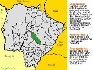 Localização:  Campo Grande está localizada geograficamente na porção central de Mato Grosso do Sul. Tem posição estratégica, sendo passagem obrigatória para o Paraguai, Bolívia e o turismo no Pantanal.  Fuso horário:  o fuso horário é de -1h com relação ao  Horário de Brasília   Área territorial:  possui área total de 8.096,051  km² , ocupando 2,26% da área total do Estado. A área urbana totaliza 154,45 km²  