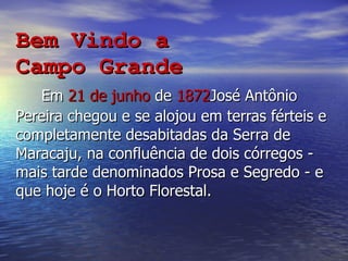 Bem Vindo a  Campo Grande   Em  21 de junho  de  1872 José Antônio Pereira chegou e se alojou em terras férteis e completamente desabitadas da Serra de Maracaju, na confluência de dois córregos - mais tarde denominados Prosa e Segredo - e que hoje é o Horto Florestal.  
