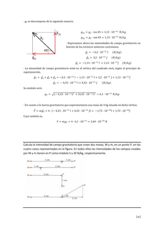 [10]
· g2 se descompone de la siguiente manera:
s
s
· Expresamos ahora las intensidades de campo gravitatorio en
función de los vectores unitarios cartesianos,
· La intensidad de campo gravitatorio total en el vértice del cuadrado será, según el principio de
superposición,
Su módulo será:
· En cuanto a la fuerza gravitatoria que experimentaría una masa de 4 kg situada en dicho vértice,
Cuyo módulo es,
Calcula la intensidad de campo gravitatorio que crean dos masas, M y m, en un punto P, en los
cuatro casos representados en la figura. En todos ellos las intensidades de los campos creados
por M y m tienen en P como módulo 5 y 20 N/kg, respectivamente.
 