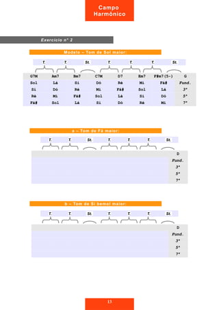 Campo 
Harmônico 
Modelo – Tom de Sol maior: 
TT.. TT.. SStt.. TT.. TT.. TT.. SStt.. 
GG77MM AAmm77 BBmm77 CC77MM DD77 EEmm77 FF##mm77((55--)) GG 
SSooll LLáá SSii DDóó RRéé MMii FFáá## FFuunndd.. 
SSii DDóó RRéé MMii FFáá## SSooll LLáá 33ª 
RRéé MMii FFáá## SSooll LLáá SSii DDóó 55ª 
FFáá## SSooll LLáá SSii DDóó RRéé MMii 77ª 
a – Tom de Fá maior: 
TT.. TT.. SStt.. TT.. TT.. TT.. SStt.. 
DD 
FFuunndd.. 
33ª 
55ª 
77ª 
b – Tom de Si bemol maior: 
TT.. TT.. SStt.. TT.. TT.. TT.. SStt.. 
DD 
FFuunndd.. 
33ª 
55ª 
77ª 
13 
Exercício n° 2 
 
