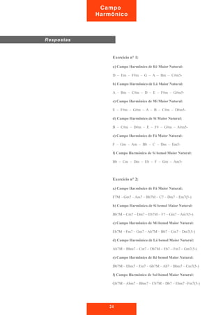 Exercício n° 1: 
a) Campo Harmônico de Ré Maior Natural: 
D – Em – F#m – G – A – Bm – C#m5- 
b) Campo Harmônico de Lá Maior Natural: 
A – Bm – C#m – D – E – F#m – G#m5- 
c) Campo Harmônico de Mi Maior Natural: 
E – F#m – G#m – A – B – C#m – D#m5- 
d) Campo Harmônico de Si Maior Natural: 
B – C#m – D#m – E – F# – G#m – A#m5- 
e) Campo Harmônico de Fá Maior Natural: 
F – Gm – Am – Bb – C – Dm – Em5- 
f) Campo Harmônico de Si bemol Maior Natural: 
Bb – Cm – Dm – Eb – F – Gm – Am5- 
Exercício n° 2: 
a) Campo Harmônico de Fá Maior Natural: 
F7M – Gm7 – Am7 – Bb7M – C7 – Dm7 – Em7(5-) 
b) Campo Harmônico de Si bemol Maior Natural: 
Bb7M – Cm7 – Dm7 – Eb7M – F7 – Gm7 – Am7(5-) 
c) Campo Harmônico de Mi bemol Maior Natural: 
Eb7M – Fm7 – Gm7 – Ab7M – Bb7 – Cm7 – Dm7(5-) 
d) Campo Harmônico de Lá bemol Maior Natural: 
Ab7M – Bbm7 – Cm7 – Db7M – Eb7 – Fm7 – Gm7(5-) 
e) Campo Harmônico de Ré bemol Maior Natural: 
Db7M – Ebm7 – Fm7 – Gb7M – Ab7 – Bbm7 – Cm7(5-) 
f) Campo Harmônico de Sol bemol Maior Natural: 
Gb7M – Abm7 – Bbm7 – Cb7M – Db7 – Ebm7 –Fm7(5-) 
24 
Respostas 
Campo 
Harmônico 
 