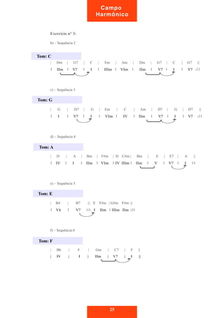 Exercício n° 3: 
b) – Sequência 2 
Campo 
Harmônico 
| Dm | G7 | C | Em | Am | Dm | G7 | C | G7 :|| 
| IIm | V7 | I | IIIm | VIm | IIm | V7 | I | V7 :|| 
c) – Sequência 3 
| G | D7 | G | Em | C | Am | D7 | G | D7 :|| 
| I | V7 | I | VIm | IV | IIm | V7 | I | V7 :|| 
d) – Sequência 4 
| D | A | Bm | F#m | D C#m | Bm | E | E7 | A || 
| IV | I | IIm | VIm | IV IIIm | IIm | V | V7 | I || 
e) – Sequência 5 
| B4 | B7 ||: E F#m | G#m F#m :|| 
| V4 | V7 ||: I IIm | IIIm IIm :|| 
f) – Sequência 6 
| Bb | F | Gm | C7 | F || 
| IV | I | IIm | V7 | I || 
25 
Tom: C 
Tom: G 
Tom: A 
Tom: E 
Tom: F 
 