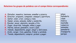 A. Estudiar, maestra, luminosa, enseñar y pizarra.
B. Director, orquesta, componer, ensayar y partitura.
C. Saltar, volar, criar, conejo y rana
D. Nadar, arena, soleada, bañar y sombrilla.
E. Escalar, nevar, alpinista, nevada y frío.
F. Jugar, divertido, tobogán, niños y jugar.
G. Harina, dulces, panadero, cocer y pan.
H. Helado, dependiente, pagar, elegir y deliciosos.
I. Avión, cargar, tren, gasolina, frenar y autobús.
J. Tienda, dependienta, comprar, probar y pagar.
playa
heladería
clase
música
montaña
comercio
animales
panadería
transporte
parque
Relacione los grupos de palabras con el campo léxico correspondiente:
 