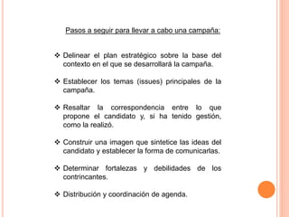  Delinear el plan estratégico sobre la base del
contexto en el que se desarrollará la campaña.
 Establecer los temas (issues) principales de la
campaña.
 Resaltar la correspondencia entre lo que
propone el candidato y, si ha tenido gestión,
como la realizó.
 Construir una imagen que sintetice las ideas del
candidato y establecer la forma de comunicarlas.
 Determinar fortalezas y debilidades de los
contrincantes.
 Distribución y coordinación de agenda.
Pasos a seguir para llevar a cabo una campaña:
 