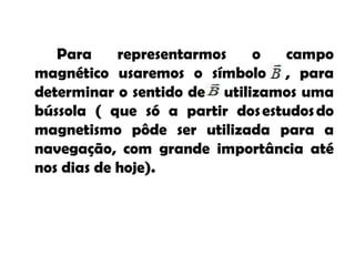 Para representarmos o campo magnético usaremos o símbolo  , para determinar o sentido de     utilizamos uma bússola ( que só a partir dos estudos do magnetismo pôde ser utilizada para a navegação, com grande importância até nos dias de hoje). 