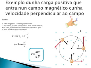 Lembra:
A forza magnética é sempre perpendicular
á traxectoria, e como consecuencia non realiza traballo.
Polo tanto, non modifica o módulo da velocidade pero
si pode modificar a súa traxectoria.
r
v
mamF cp
2
·· ==
r
v
mBvq
2
=
Bq
vm
r =
 