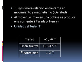  1819 Primera relación entre carga en
  movimiento y magnetismo ( Oersted)
 Al mover un imán en una bobina se produce
  una corriente ( Faraday- Henry)
 Unidad : el Tesla [T]


         Tierra        ~1E-4 T

      Imán fuerte     0.1-0.5 T

      Electroimán       1-2 T
 