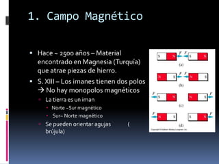 1. Campo Magnético

 Hace ~ 2500 años – Material
  encontrado en Magnesia (Turquía)
  que atrae piezas de hierro.
 S. XIII – Los imanes tienen dos polos
   No hay monopolos magnéticos
    La tierra es un iman
      Norte ~Sur magnético
      Sur~ Norte magnético
    Se pueden orientar agujas   (
     brújula)
 