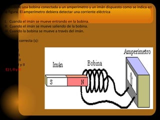Considere una bobina conectada a un amperímetro y un imán dispuesto como se indica en
la figura. El amperímetro debiera detectar una corriente eléctrica

I. Cuando el imán se mueve entrando en la bobina.
II: Cuando el imán se mueve saliendo de la bobina.
III. Cuando la bobina se mueve a través del imán.

Es (son) correcta (s):

A) Sólo I
B) Sólo II
C) Sólo III
D) Sólo I y II
E) I, II y III
 