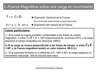 I.-Fuerza Magnética sobre una carga en movimiento   Expresión Vectorial de la Fuerza (Es una fórmula experimental, no tiene deducción) |F| = q . v . B . sen     Expresión del módulo de la Fuerza Casos particulares: 1.- Si la carga se mueve paralela o antiparalela a las líneas de campo magnético:   entre V y B = 0º o 180º,respectivamente, entonces |F|=0, y la carga atraviesa el campo magnético sin desviarse (MRU). 2.-Si la carga se mueve perpendicular a las líneas de campo:    entre V y B = 90º, y la Fuerza magnética tendrá un valor máximo. (M.C.U.) 3.- Si la velocidad formase un    diferente a 0º, 180º o 90º, la carga realizaría un movimiento helicoidal.  (No se estudia este caso) F = q . (v x B) 