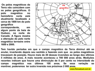 MAGNETISMO TERRESTREChama-se campo magnético terrestre ao campo magnético que existe ao redor da Terra. A existência desse campo se manifesta pela orientação da agulha magnética (bússola). O campo magnético terrestre pode ser considerado uniforme em uma extensão bastante grande como, por exemplo, na região ocupada por uma cidade. Se suspendermos uma agulha magnética de maneira que ela possa girar livremente, ela irá se orientar de maneira que seu eixo fique na  linha do campo magnético local. Essa linha é próxima da linha norte-sul geográfica (meridiano geográfico). www.fisicaatual.com.br