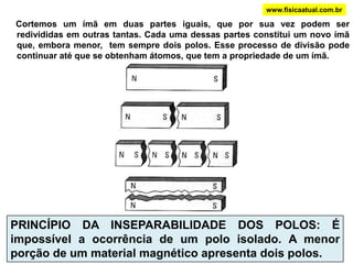 www.fisicaatual.com.br     Cortemos um ímã em duas partes iguais, que por sua vez podem ser redivididas em outras tantas. Cada uma dessas partes constitui um novo ímã que, embora menor,  tem sempre dois polos. Esse processo de divisão pode continuar até que se obtenham átomos, que tem a propriedade de um ímã.PRINCÍPIO DA INSEPARABILIDADE DOS POLOS: É impossível a ocorrência de um polo isolado. A menor porção de um material magnético apresenta dois polos.