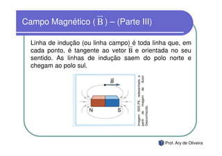 Campo Magnético ( B ) – (Parte III)

  Linha de indução (ou linha campo) é toda linha que, em
  cada ponto, é tangente ao vetor B e orientada no seu
  sentido. As linhas de indução saem do polo norte e
  chegam ao polo sul.




                                     Imagem: SEE-PE, redesenhado a
                                     partir de imagem de Autor
                                     Desconhecido.
                                                                     Prof. Ary de Oliveira
 