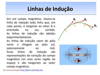 LLLLiiiinnnnhhhhaaaassss ddddeeee IIIInnnndddduuuuççççããããoooo 
Em um campo magnético, chama-se 
linha de indução toda linha que, em 
cada ponto, é tangente ao vetor B e 
orientada no seu sentido. 
As linhas de indução são obtidas 
experimentalmente. 
As linhas de indução saem do pólo 
norte e chegam ao pólo sul, 
externamente ao ímã. 
Essas linhas de indução são 
representações da variação do campo 
magnético em uma certa região do 
espaço e são tangentes ao vetor 
campo magnético. 
Ver demonstração:http://phet.colorado.edu 
 