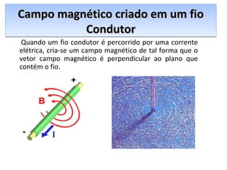 Campo magnético criado em um fioCampo magnético criado em um fio
CondutorCondutor
Campo magnético criado em um fioCampo magnético criado em um fio
CondutorCondutor
Quando um fio condutor é percorrido por uma corrente
elétrica, cria-se um campo magnético de tal forma que o
vetor campo magnético é perpendicular ao plano que
contém o fio.
 