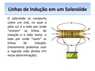 Linhas de Indução em um SolenóideLinhas de Indução em um SolenóideLinhas de Indução em um SolenóideLinhas de Indução em um Solenóide
N S
O solenóide se comporta
como um ímã, no qual o
pólo sul é o lado por onde
“entram” as linhas de
indução e o lado norte, o
lado por onde “saem” as
linhas de indução.
(novamente podemos usar
a regrada mão direita nº1
nesta determinação)
 