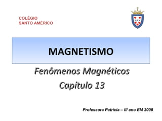 MAGNETISMOMAGNETISMO
Fenômenos MagnéticosFenômenos Magnéticos
Capítulo 13Capítulo 13
Professora Patrícia – III ano EM 2008
COLÉGIO
SANTO AMÉRICO
 