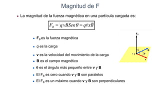 Magnitud de F
 La magnitud de la fuerza magnética en una partícula cargada es:
 q es el ángulo más pequeño entre v y B
 El FB es cero cuando v y B son paralelos
 El FB es un máximo cuando v y B son perpendiculares
B
x
v
q
vBSen
q
FB



 q
 FB es la fuerza magnética
 q es la carga
 v es la velocidad del movimiento de la carga
 B es el campo magnético
 