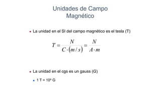 Unidades de Campo
Magnético
 La unidad en el SI del campo magnético es el tesla (T)
 La unidad en el cgs es un gauss (G)
 1 T = 104 G
  m
A
N
s
m
C
N
T




/
 