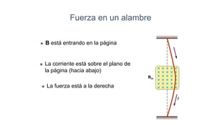  B está entrando en la página
 La fuerza está a la derecha
Fuerza en un alambre
 La corriente está sobre el plano de
la página (hacia abajo)
 