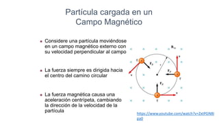 Partícula cargada en un
Campo Magnético
 Considere una partícula moviéndose
en un campo magnético externo con
su velocidad perpendicular al campo
 La fuerza siempre es dirigida hacia
el centro del camino circular
 La fuerza magnética causa una
aceleración centrípeta, cambiando
la dirección de la velocidad de la
partícula https://www.youtube.com/watch?v=ZxtPGN8I
pa0
 