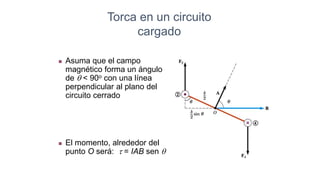  Asuma que el campo
magnético forma un ángulo
de q < 90o con una línea
perpendicular al plano del
circuito cerrado
 El momento, alrededor del
punto O será: t = IAB sen q
Torca en un circuito
cargado
 