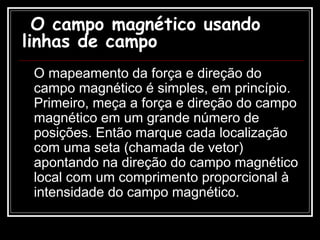   O campo magnético usando linhas de campo O mapeamento da força e direção do campo magnético é simples, em princípio. Primeiro, meça a força e direção do campo magnético em um grande número de posições. Então marque cada localização com uma seta (chamada de vetor) apontando na direção do campo magnético local com um comprimento proporcional à intensidade do campo magnético. 