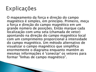 O mapeamento da força e direção do campo
magnético é simples, em princípio. Primeiro, meça
a força e direção do campo magnético em um
grande número de posições. Então marque cada
localização com uma seta (chamada de vetor)
apontando na direção do campo magnético local
com um comprimento proporcional à intensidade
do campo magnético. Um método alternativo de
visualizar o campo magnético que simplifica
enormemente o diagrama enquanto mantém as
mesmas informações é 'conectar' os vetores para
formar "linhas de campo magnético".
 