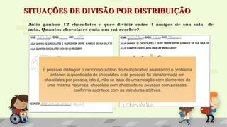 SITUAÇÕES DE DIVISÃO POR DISTRIBUIÇÃOSITUAÇÕES DE DIVISÃO POR DISTRIBUIÇÃO
Júlia ganhou 12 chocolates e quer dividir entre 4 amigos de sua sala de
aula. Quantos chocolates cada um vai receber?
É possível distinguir o raciocínio aditivo do multiplicativo analisando o problema
anterior: a quantidade de chocolates e de pessoas foi transformada em
chocolates por pessoa, isto é, não se trata de uma relação com elementos de
uma mesma natureza, chocolate com chocolate ou pessoas com pessoas,
conforme acontece com as estruturas aditivas.
 