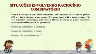 SITUAÇÕES ENVOLVENDO RACIOCÍNIOSITUAÇÕES ENVOLVENDO RACIOCÍNIO
COMBINATÓRIOCOMBINATÓRIO
• Dona Centopeia tem dois chapéus, um branco (B) e outro preto
(P) e • três bolsas, uma rosa (R), uma azul (A) e uma cinza (C).
De quantas maneiras diferentes Dona Centopeia pode escolher
seus acessórios para ir passear?
• Conjunto conhecido: 2 chapéus
• Conjunto conhecido: 3 bolas
• Número de possibilidades: ?
 