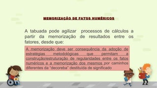 MEMORIZAÇÃO DE FATOS NUMÉRICOSMEMORIZAÇÃO DE FATOS NUMÉRICOS
A tabuada pode agilizar processos de cálculos a
partir da memorização de resultados entre os
fatores, desde que:
A memorização deve ser consequência da adoção de
estratégias metodológicas que permitam a
construção/estruturação de regularidades entre os fatos
numéricos e a memorização dos mesmos por caminhos
diferentes da “decoreba” destituída de significado
 