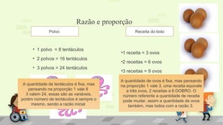 Razão e proporção
• 1 polvo = 8 tentáculos
• 2 polvos = 16 tentáculos
• 3 polvos = 24 tentáculos
•
•1 receita = 3 ovos
•2 receitas = 6 ovos
•3 receitas = 9 ovos
Polvo Receita do bolo
A quantidade de tentáculos é fixa, mas
pensando na proporção 1 vale 8
3 valem 24, essas são as variáveis,
porém número de tentáculos é sempre o
mesmo, sendo a razão inicial
A quantidade de ovos é fixa, mas pensando
na proporção 1 vale 3, uma receita equivale
a três ovos, 2 receitas a 6 DOBRO. O
número referente a quantidade de receita
pode mudar, assim a quantidade de ovos
também, mas todos com a razão 3.
 