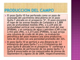  El pozo Quifa-10 fue perforado como un pozo de
avanzada del yacimiento descubierto en el pozo
Quifa-7 ubicado en el prospecto "H". El pozo encontró
el tope de las arenas basales de Carbonera a 2,889
pies de profundidad medida (PM), o 2,229 pies de
profundidad vertical real respecto del nivel del mar
(PVRNM), y el contacto de agua y petróleo (CAP) a los
2,933 pies (PM), o 2,273 pies (PVRNM), lo que arroja
una columna de crudo de 44 pies. La evaluación
petrofísica del pozo muestra una zona productiva
neta de 20 pies con una porosidad promedio del 32%.
 El pozo Quifa-10 se perforó a una distancia de 1.1
kilómetros del pozo Quifa-7 y a 2.0 kilómetros del
pozo Quifa-8 ubicado en el prospecto "E" (refiérase a
los resultados de perforación de los pozos Quifa-7 y
Quifa-8 anunciados en los comunicados de prensa de
Septiembre 8 y Agosto 26 de 2009, respectivamente).
 