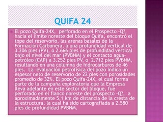  El pozo Quifa-24X, perforado en el Prospecto -Q?,
hacia el límite noreste del bloque Quifa, encontró el
tope del reservorio, las arenas basales de la
Formación Carbonera, a una profundidad vertical de
3.206 pies (PV), o 2.666 pies de profundidad vertical
bajo el nivel del mar (PVBNM) y el contacto agua-
petróleo (CAP) a 3.252 pies PV, o 2.712 pies PVBNM,
resultando en una columna de hidrocarburos de 46
pies. La evaluación petrofísica del pozo indica un
espesor neto de reservorio de 22 pies con porosidades
promedio de 32%. El pozo Quifa-24X, el cual forma
parte de la campaña exploratoria que la Empresa
lleva adelante en este sector del bloque, fue
perforado en el flanco noreste del prospecto -Q?, a
aproximadamente 5,1 km de distancia de la cresta de
la estructura, la cual ha sido cartografiada a 2.580
pies de profundidad PVBNM.
 