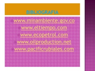 www.minambiente.gov.co
www.eltiempo.com
www.ecopetrol.com
www.oilproduction.net
www.pacificrubiales.com
 