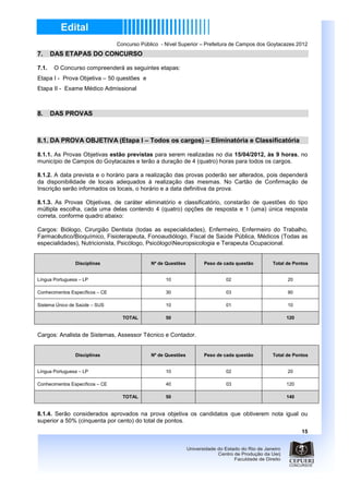 Concurso Público - Nível Superior – Prefeitura de Campos dos Goytacazes 2012
7.     DAS ETAPAS DO CONCURSO

7.1.   O Concurso compreenderá as seguintes etapas:
Etapa I - Prova Objetiva – 50 questões e
Etapa II - Exame Médico Admissional



8.     DAS PROVAS



8.1. DA PROVA OBJETIVA (Etapa I – Todos os cargos) – Eliminatória e Classificatória

8.1.1. As Provas Objetivas estão previstas para serem realizadas no dia 15/04/2012, às 9 horas, no
município de Campos do Goytacazes e terão a duração de 4 (quatro) horas para todos os cargos.

8.1.2. A data prevista e o horário para a realização das provas poderão ser alterados, pois dependerá
da disponibilidade de locais adequados à realização das mesmas. No Cartão de Confirmação de
Inscrição serão informados os locais, o horário e a data definitiva da prova.

8.1.3. As Provas Objetivas, de caráter eliminatório e classificatório, constarão de questões do tipo
múltipla escolha, cada uma delas contendo 4 (quatro) opções de resposta e 1 (uma) única resposta
correta, conforme quadro abaixo:

Cargos: Biólogo, Cirurgião Dentista (todas as especialidades), Enfermeiro, Enfermeiro do Trabalho,
Farmacêutico/Bioquímico, Fisioterapeuta, Fonoaudiólogo, Fiscal de Saúde Pública, Médicos (Todas as
especialidades), Nutricionista, Psicólogo, PsicólogoNeuropsicologia e Terapeuta Ocupacional.


                Disciplinas                   Nº de Questões       Peso de cada questão        Total de Pontos


Língua Portuguesa – LP                              10                      02                       20

Conhecimentos Específicos – CE                      30                      03                       90

Sistema Único de Saúde – SUS                        10                      01                       10

                                   TOTAL            50                                              120


Cargos: Analista de Sistemas, Assessor Técnico e Contador.


                Disciplinas                   Nº de Questões       Peso de cada questão        Total de Pontos


Língua Portuguesa – LP                              10                      02                       20

Conhecimentos Específicos – CE                      40                      03                      120

                                   TOTAL            50                                              140


8.1.4. Serão considerados aprovados na prova objetiva os candidatos que obtiverem nota igual ou
superior a 50% (cinquenta por cento) do total de pontos.
                                                                                                           15
 