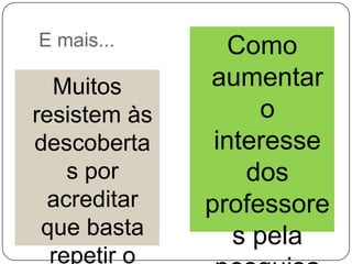 E mais...

Muitos
resistem às
descoberta
s por
acreditar
que basta
repetir o

Como
aumentar
o
interesse
dos
professore
s pela

 