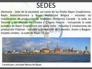 Alemania - sede de la sociedad, así como de las filiales Bayer CropScience,
Bayer MaterialScience y Bayer HealthCare Bélgica - incluidas las
instalaciones de producción de Makrolon (Amberes) Canadá - la sede en
Toronto y las oficinas en Ottawa y Calgary Francia - incluyendo la sede
europea de Bayer CropScience (en Lyon) Italia - incluidas 5 instalaciones de
producción Filipinas - incluida la producción de Canestén, Autan y Baygon.
Estados Unidos - la sede de Bayer EE.UU.
SEDES
Leverkusen, principal fábrica de Bayer.
 